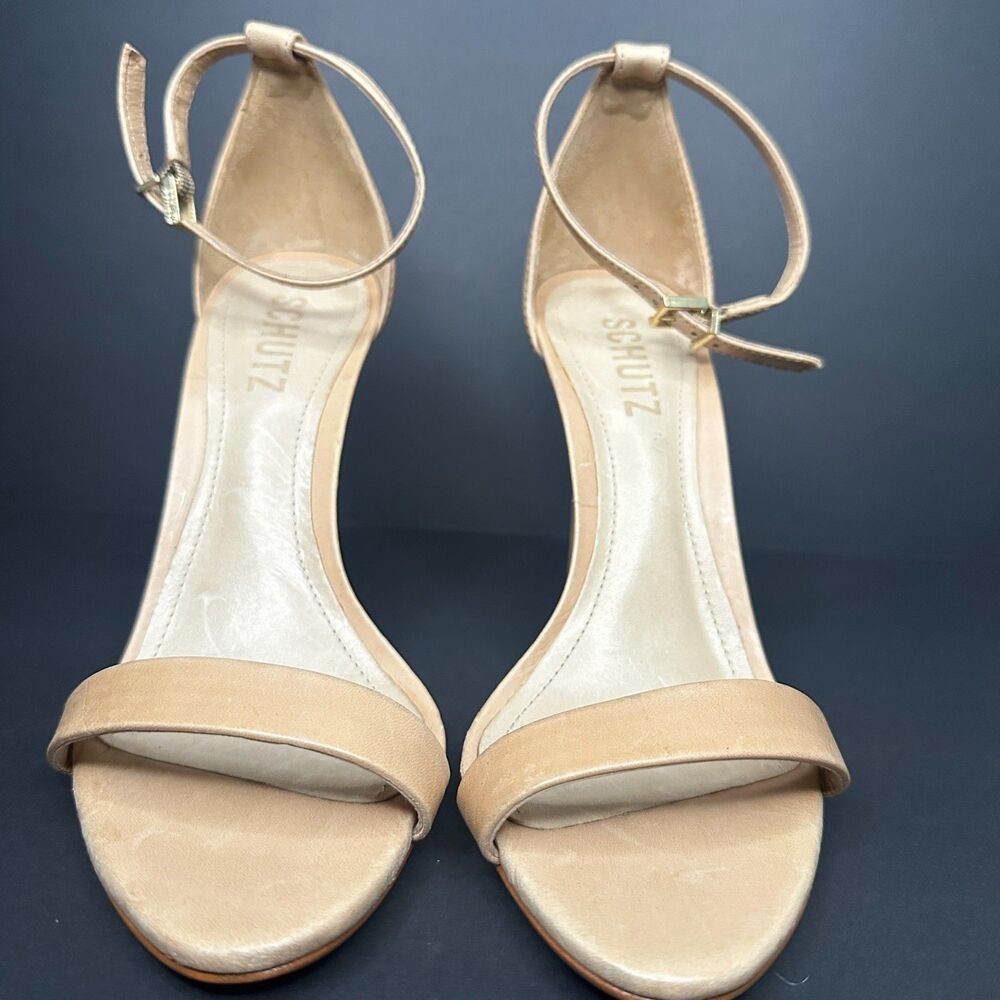 Schutz Stiletto Sandal 6.5 Ankle Strap Nude Heels Formal Cocktail Tan Cadey Lee - Picture 3 of 11